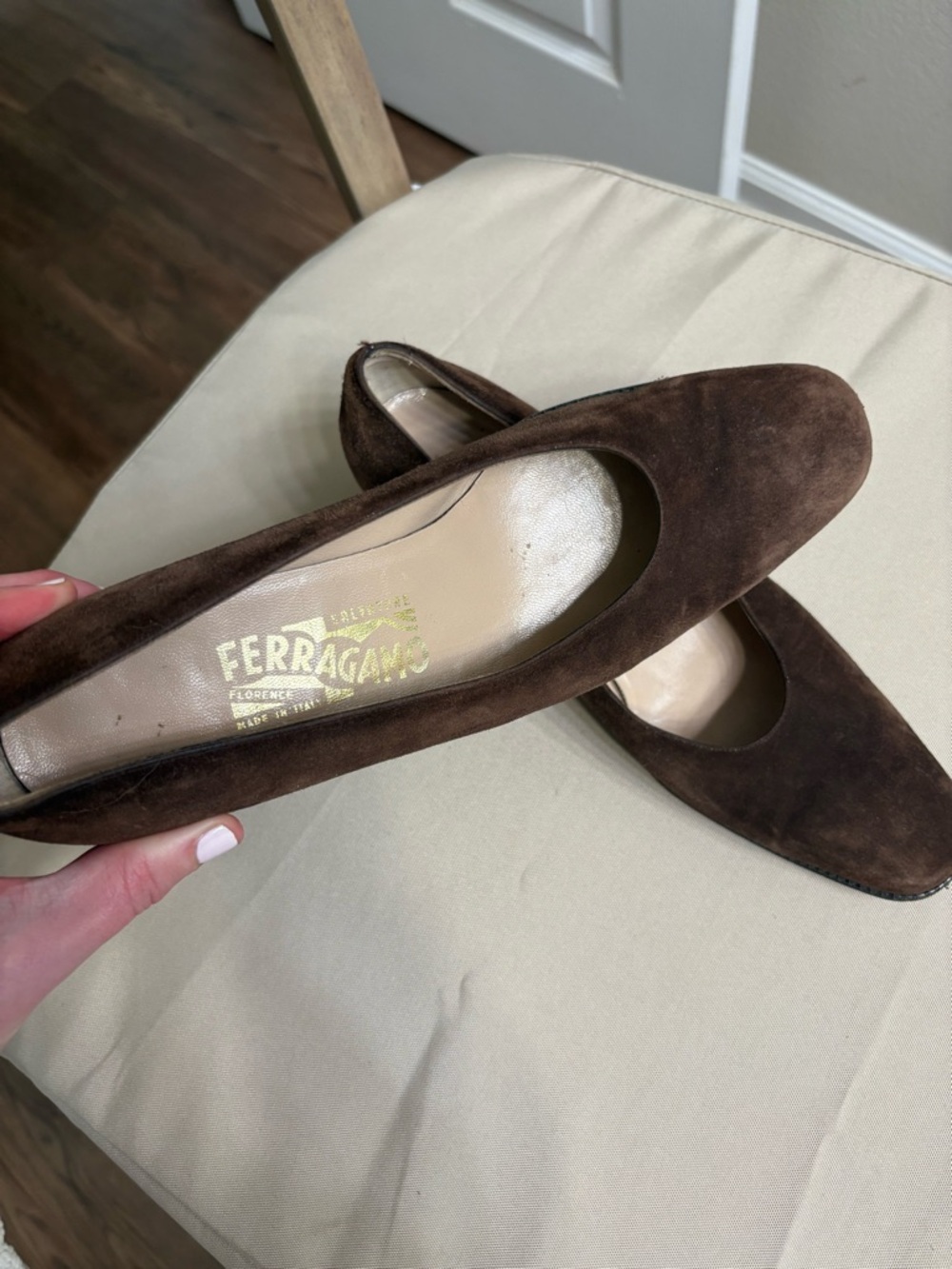Salvatore Ferragamo Dark Brown Suede Rounded Toe Pump